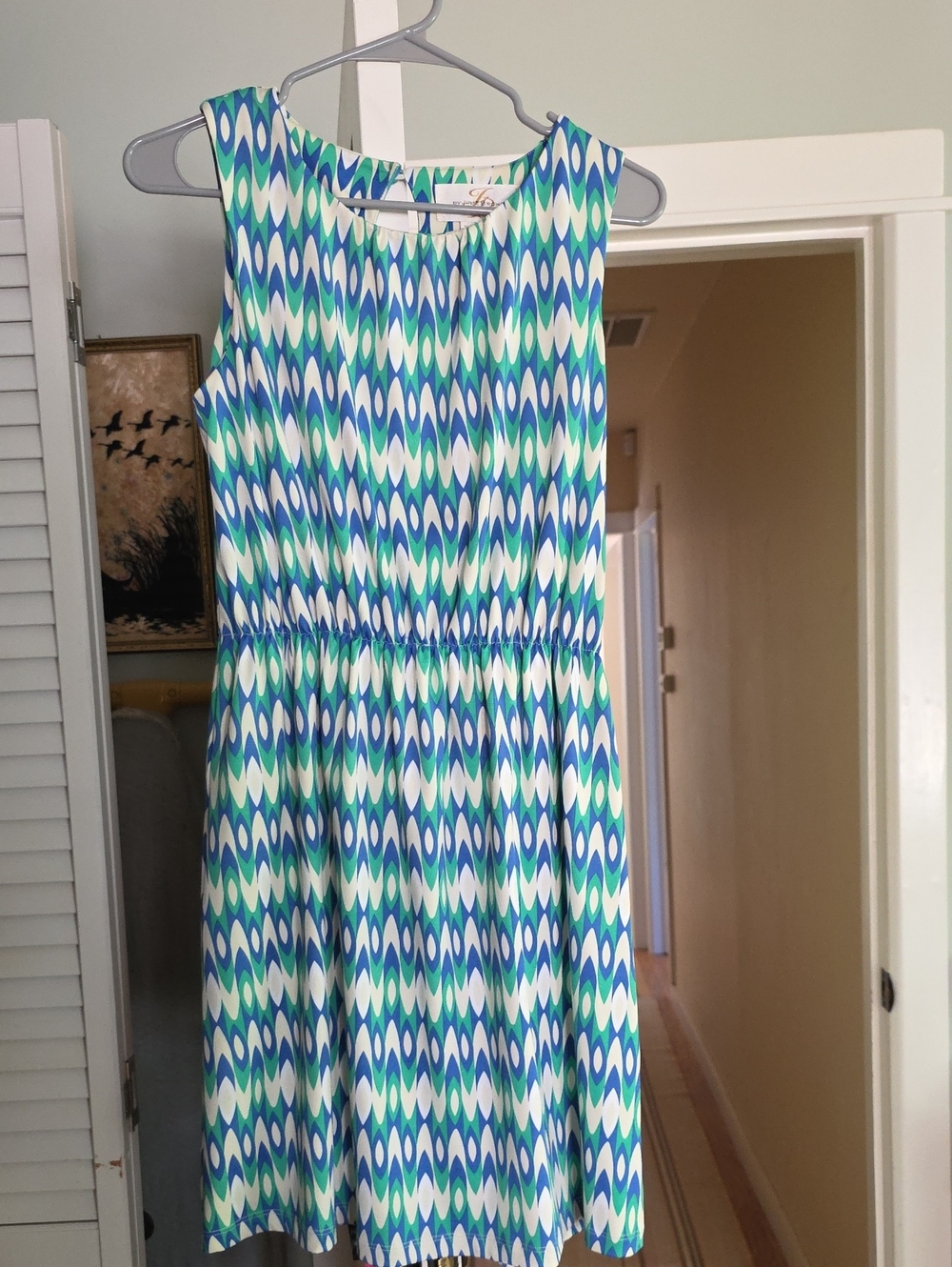 JB by Julie Brown Blue & Green Sleeveless Printed Dress, Size S